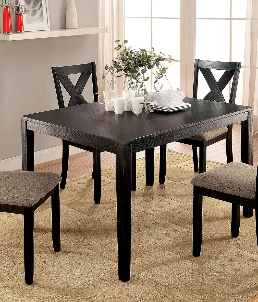 Brushed Black Solid Wood 5Pc Dining Set Table And 4X Chairs Brown Fabric Cushions Seats X Cross Back Design Chairs Dining Room Wood Black Brown Seats 4 Wood Dining Room 48 Inches Solid Wood Contemporary,Modern,Transitional 4 Leg Rectangular Rectangular