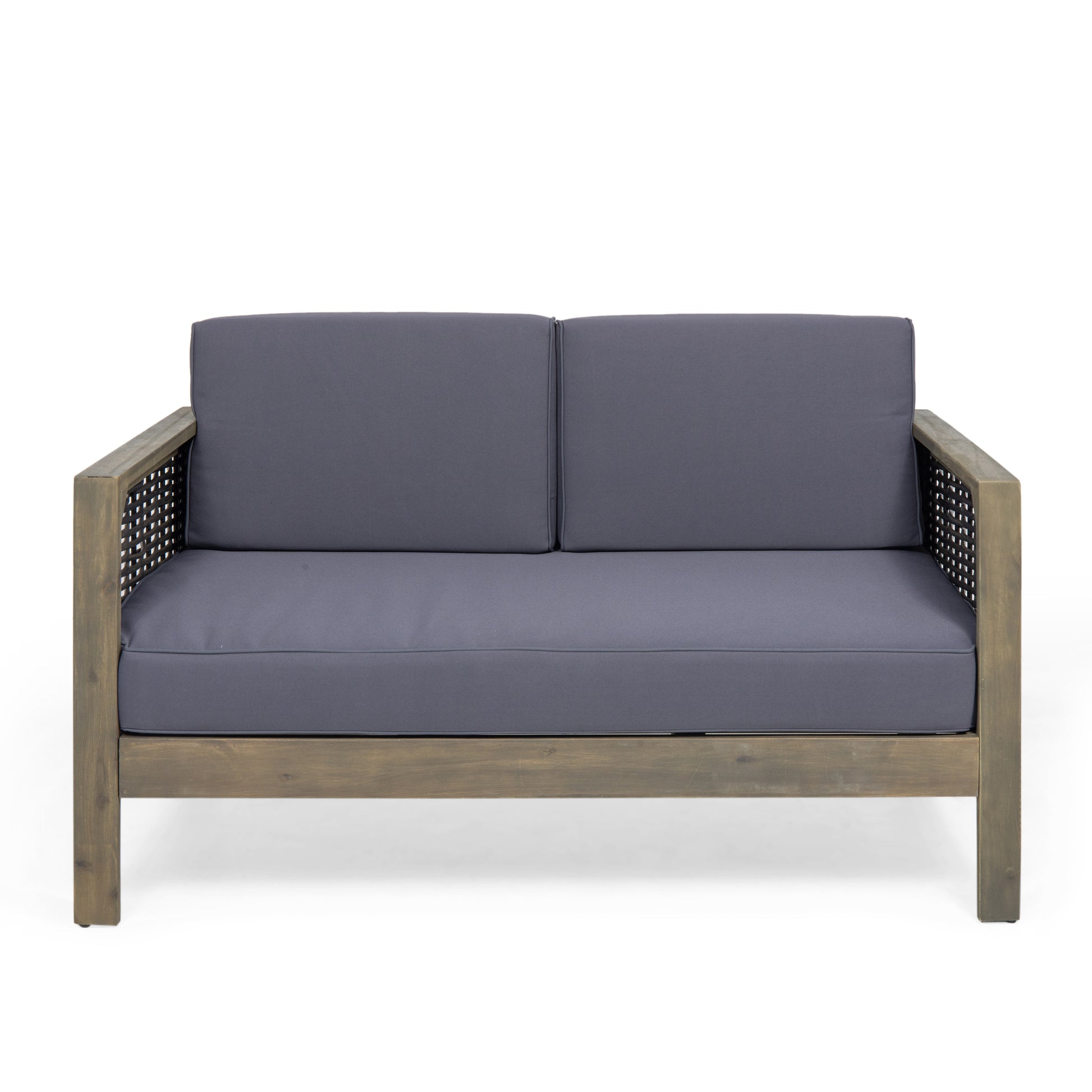 Outdoor Acacia Wood And Wicker Loveseat And Coffee Table Set With Cushions, Gray Mixed Gray Dark Gray Gray Acacia Wood