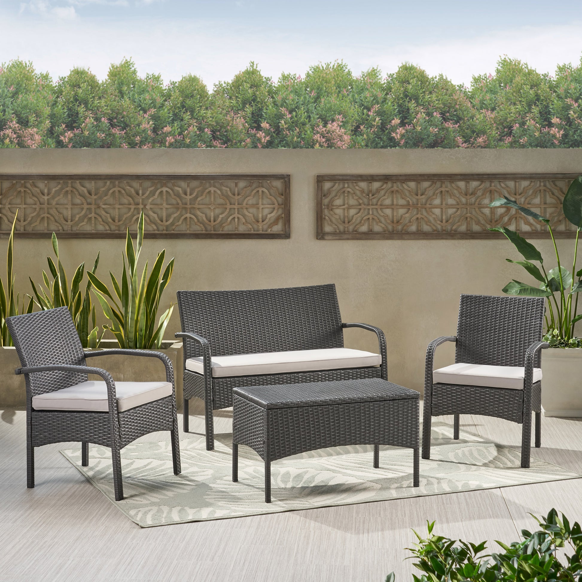 Cordoba Kd Wicker 4 Pc Chat Set Grey Pe Rattan Iron Waterproof Fabric