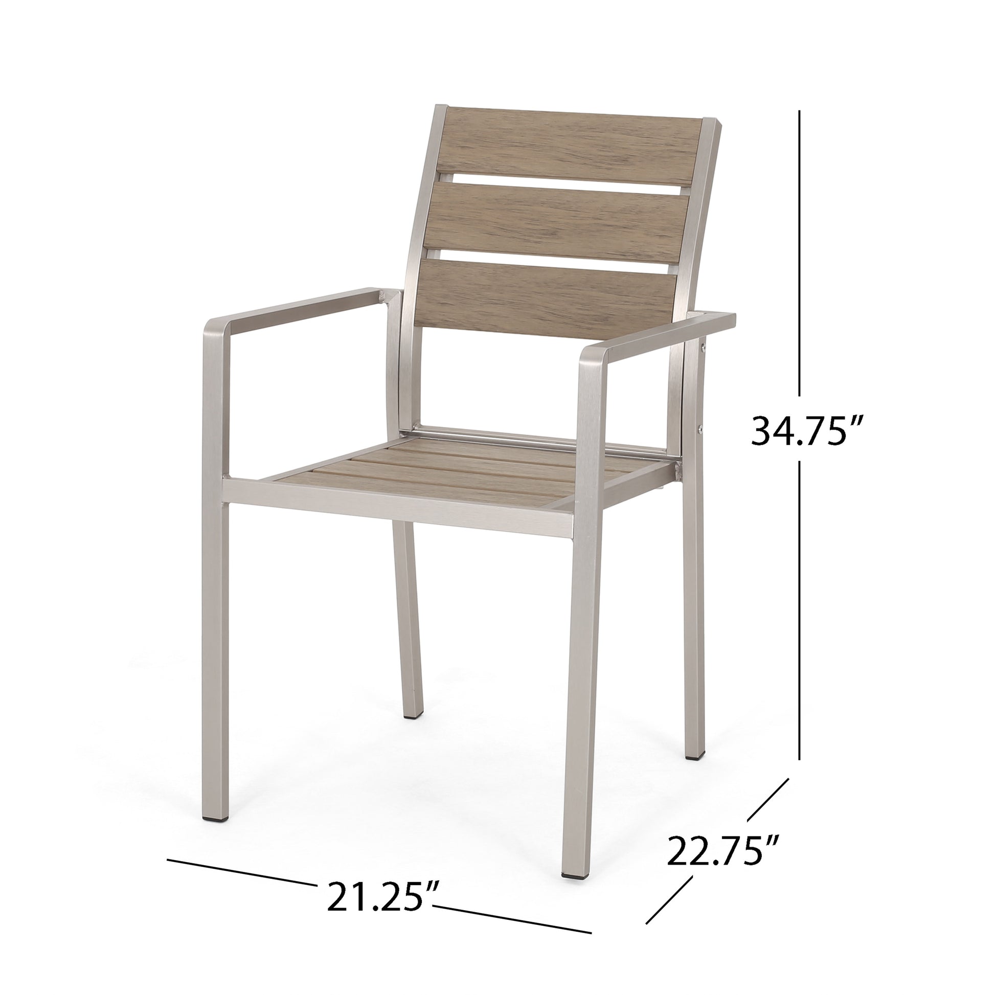 Outdoor Modern Aluminum Dining Chair With Faux Wood Seat Set Of 2 , Natural And Silver Natural Aluminium