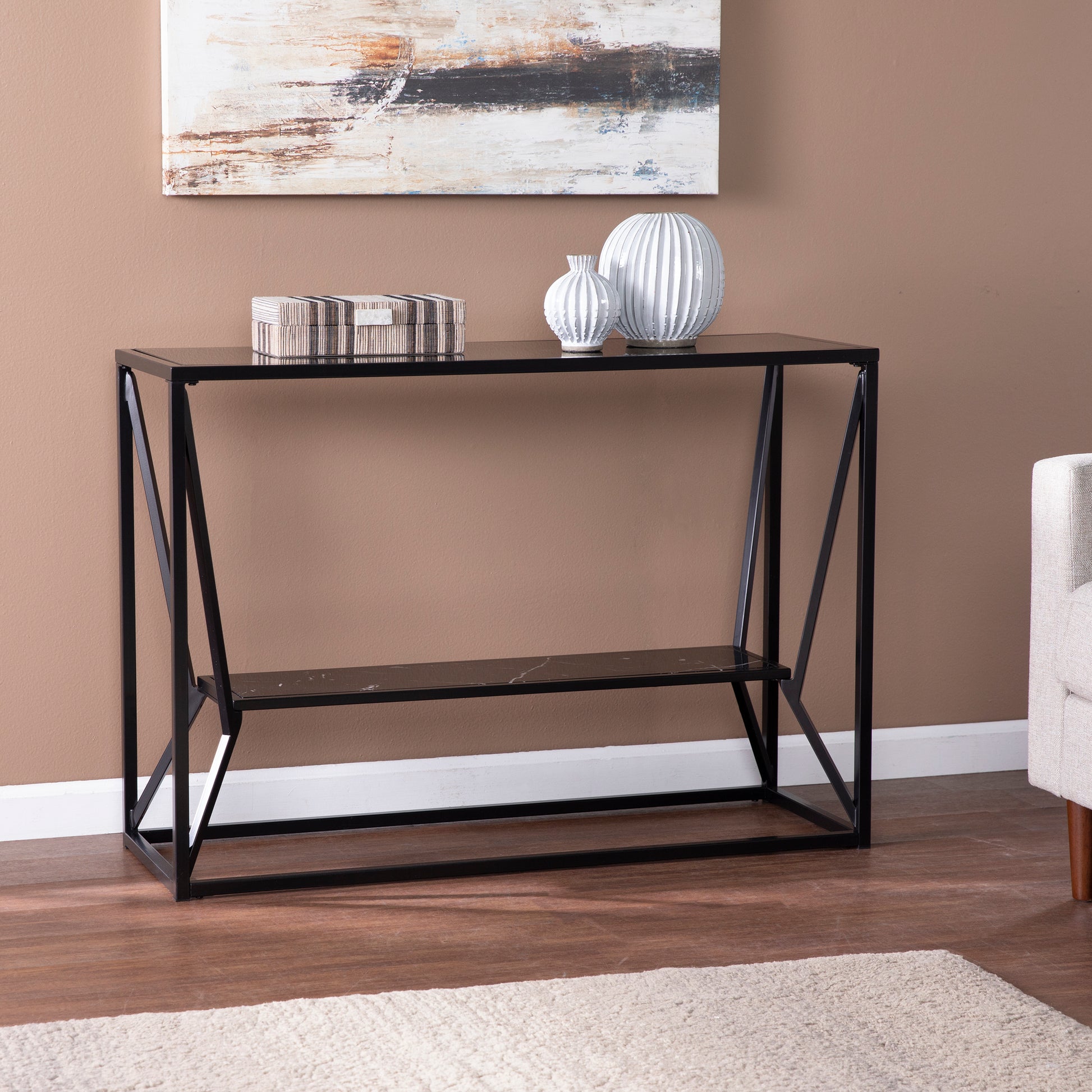 Argall Long Glass Top Console Table Black Iron