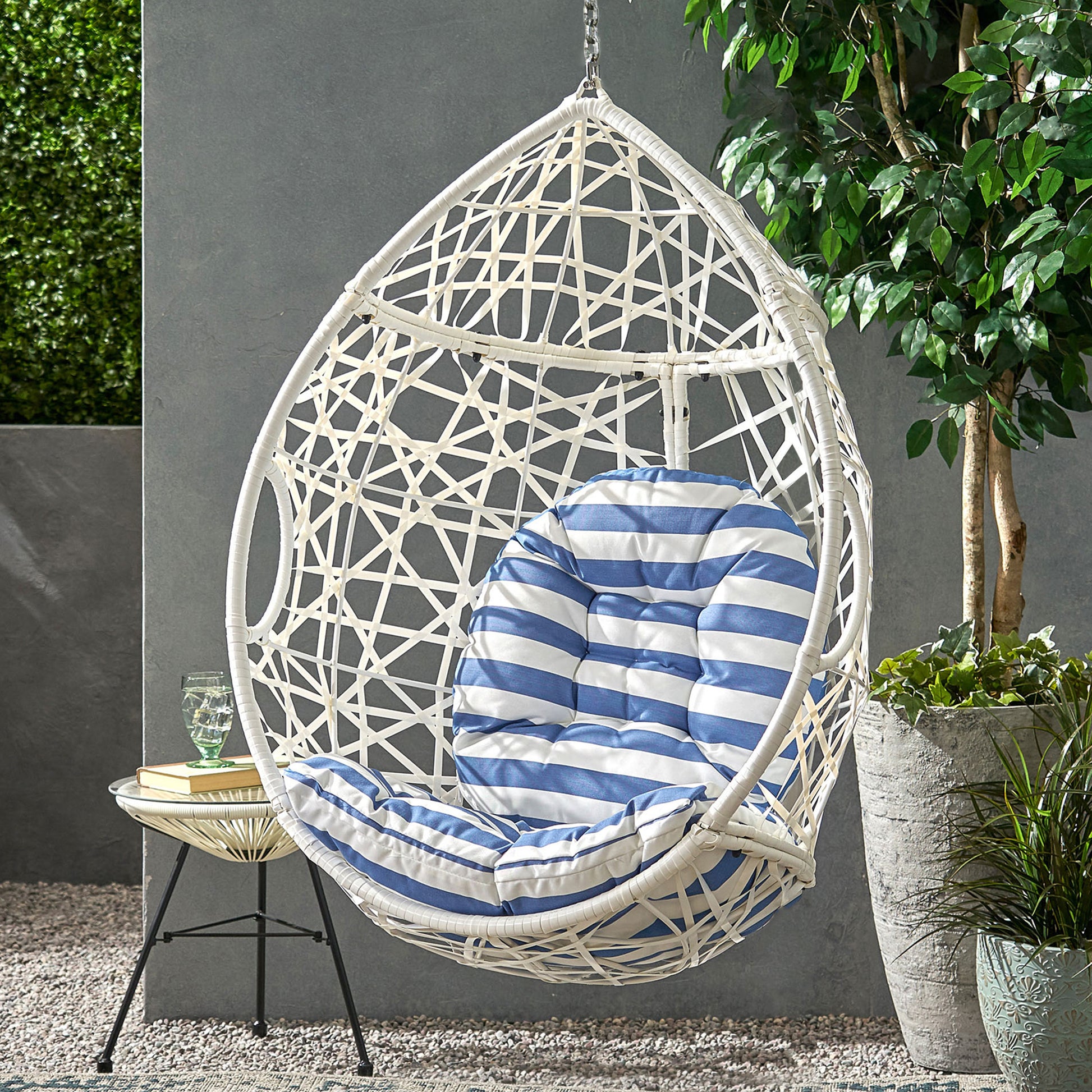 Marlin Hanging Egg Chair Basket White Blue Pe Rattan Iron Waterproof Fabric