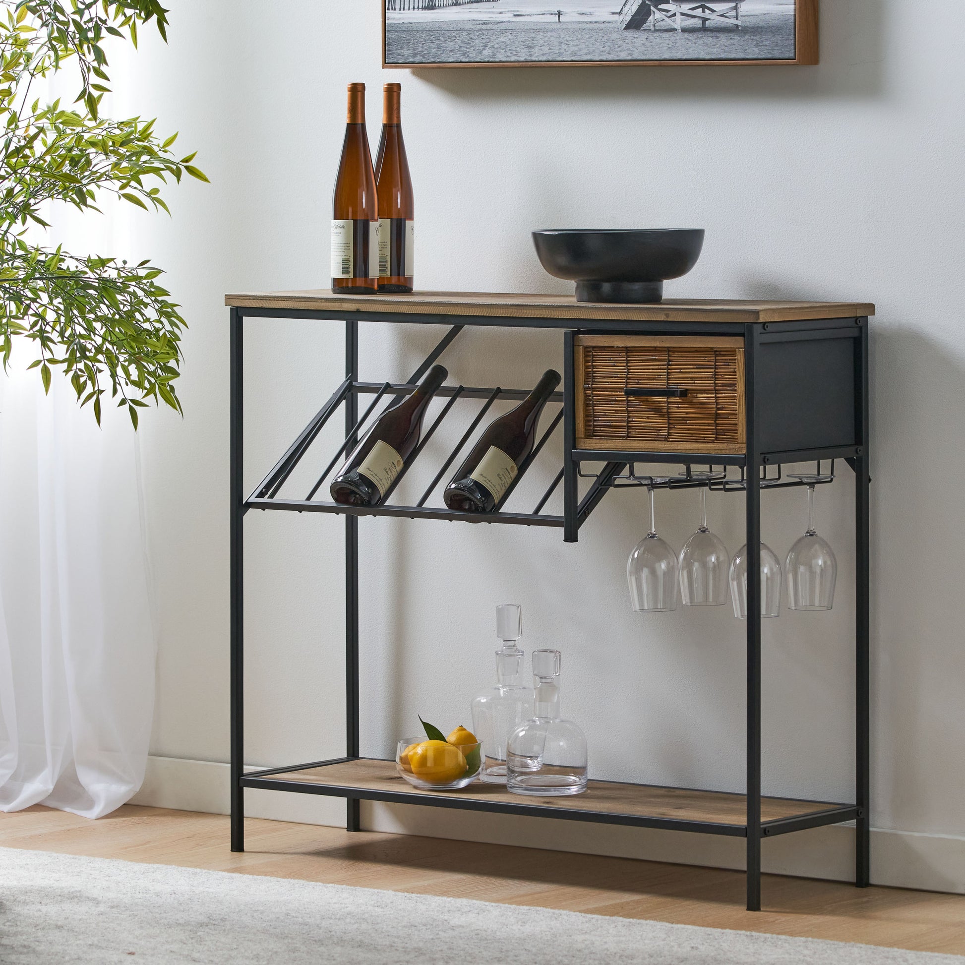 Wine Rack Black Natural Mdf Metal