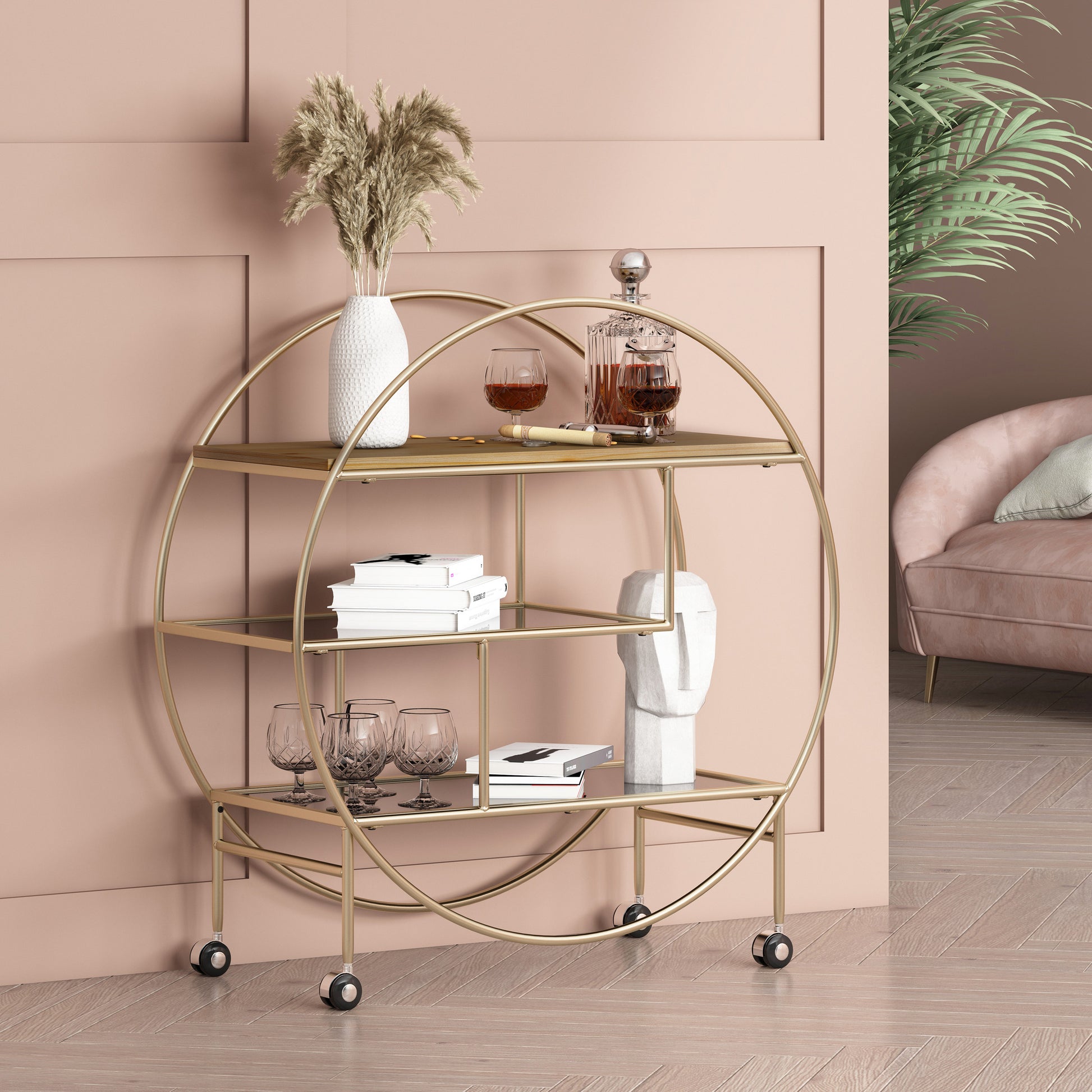 Round Shelf Gold Wood Glass
