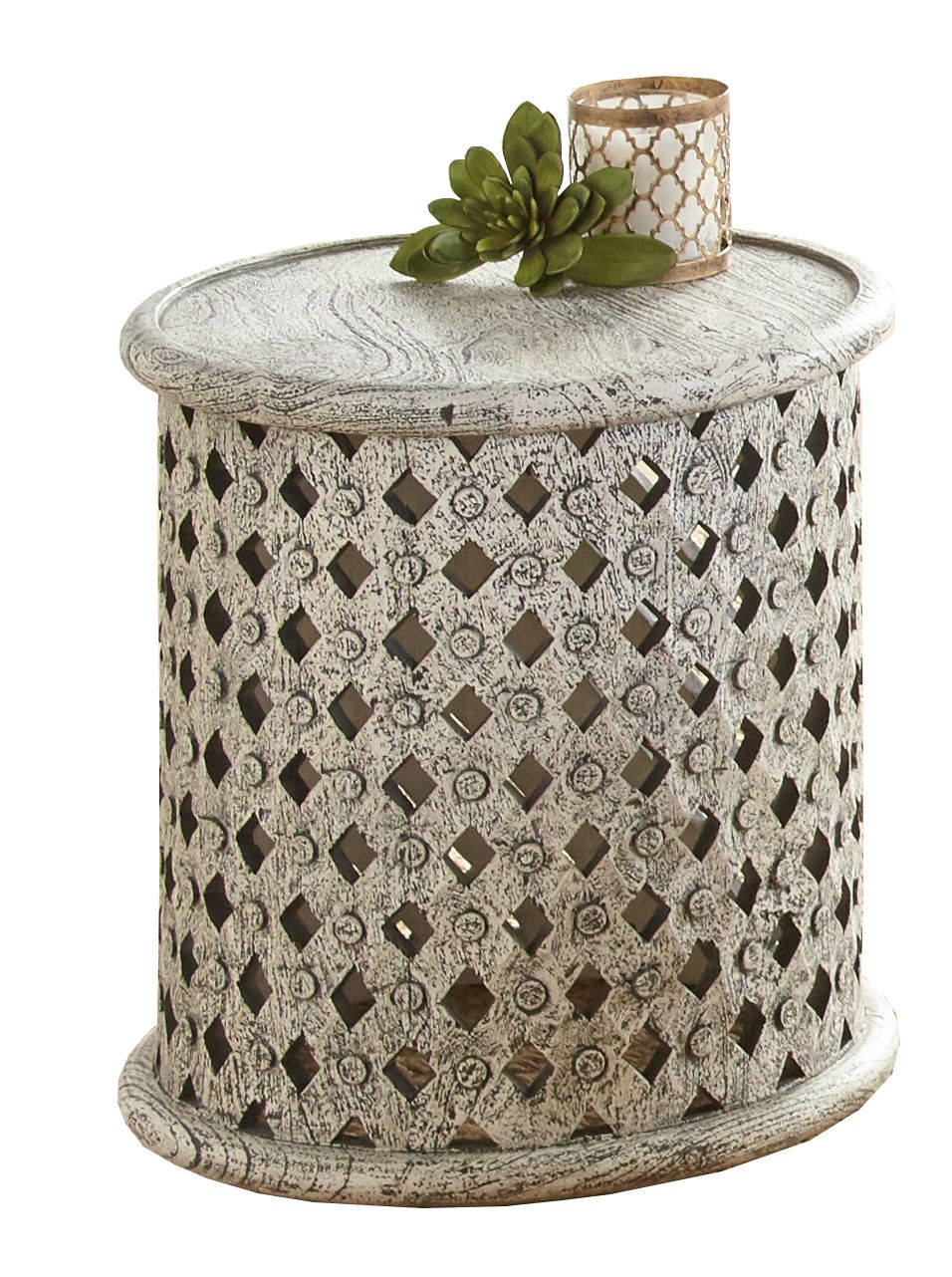 Samir Round Tribal Carved Wood End Table White White Wood