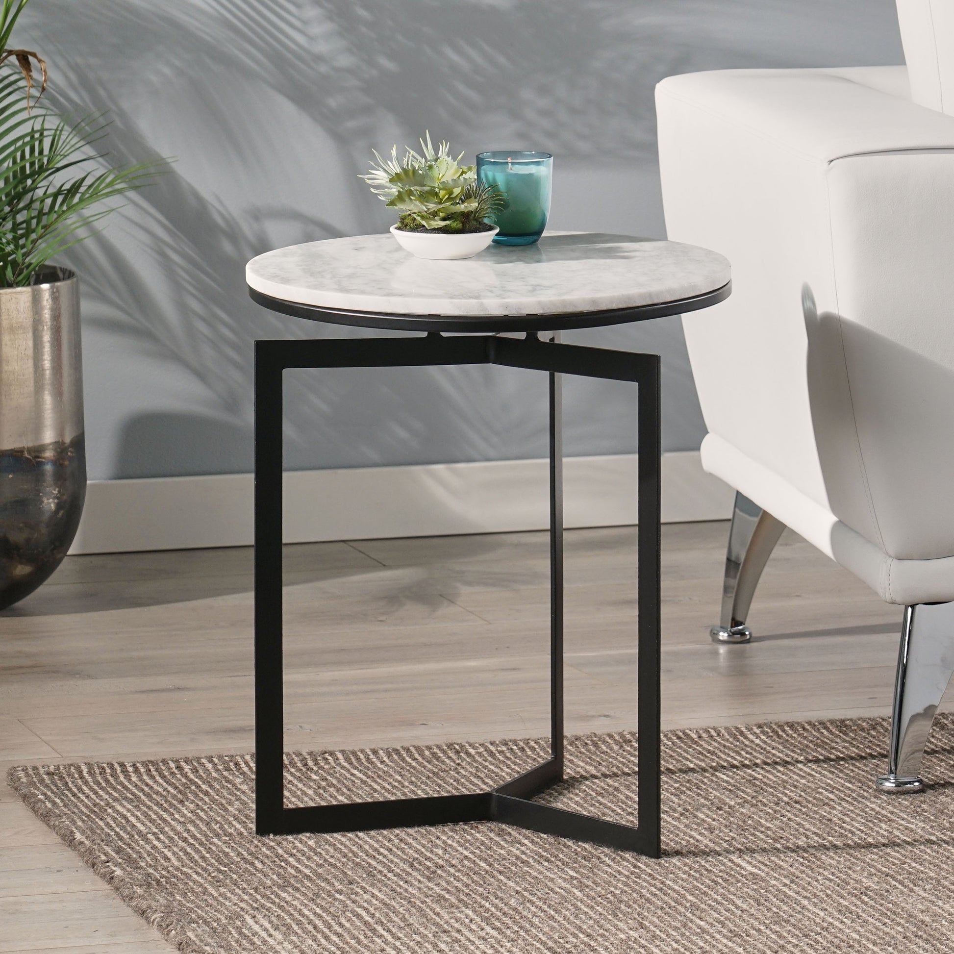Round Accent Side Table Natural Black Marble Metal