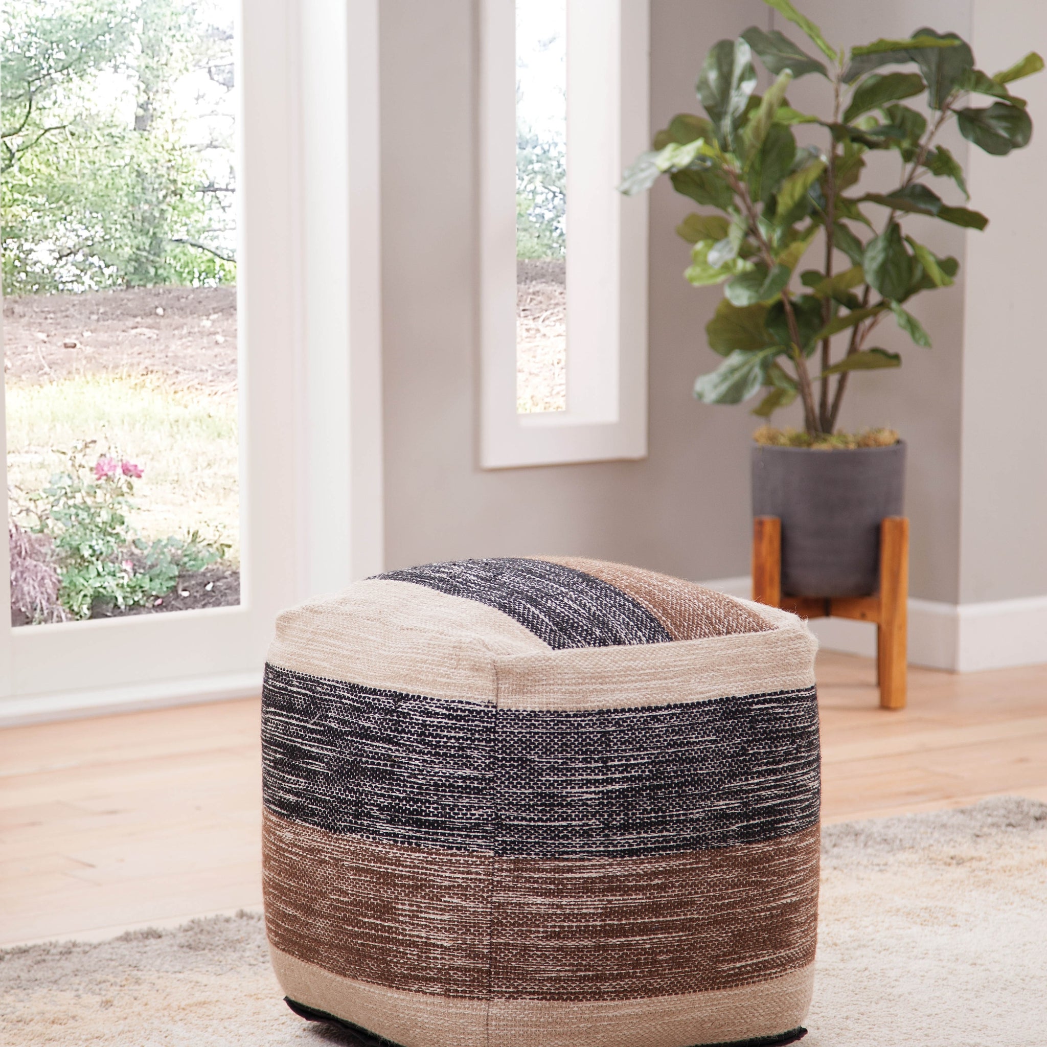 Jamal Square Handwoven Woolen Pouf Beige Beige Fabric