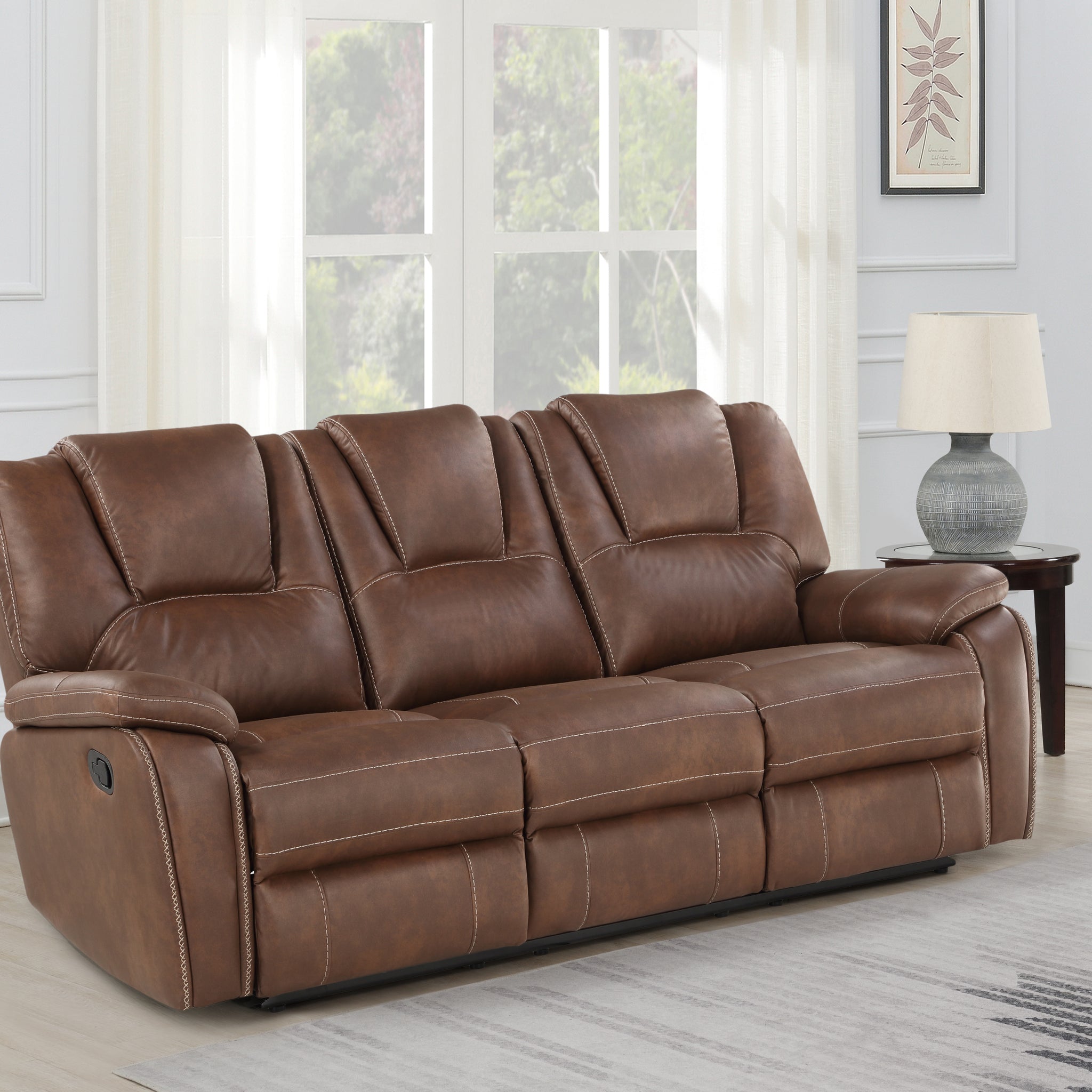 Katrine Pu Manual Reclining Sofa Chestnut Brown Dark Brown Faux Leather 3 Seat