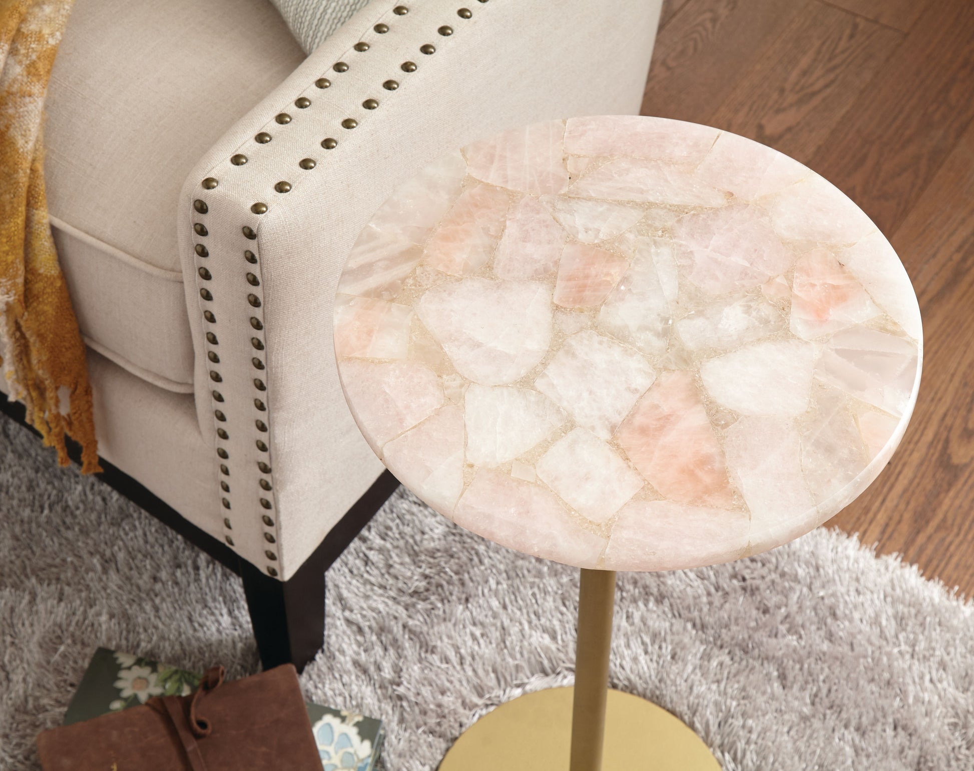 Rosie Rose Quartz Top Chairside Table Beige Beige Iron