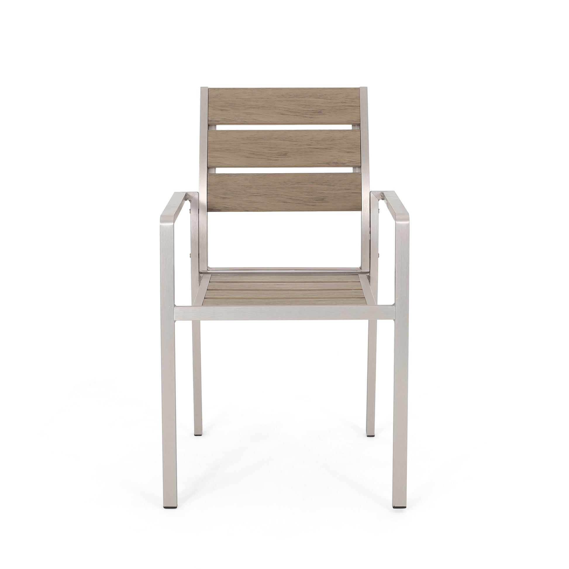 Outdoor Modern Aluminum Dining Chair With Faux Wood Seat Set Of 2 , Natural And Silver Natural Aluminium