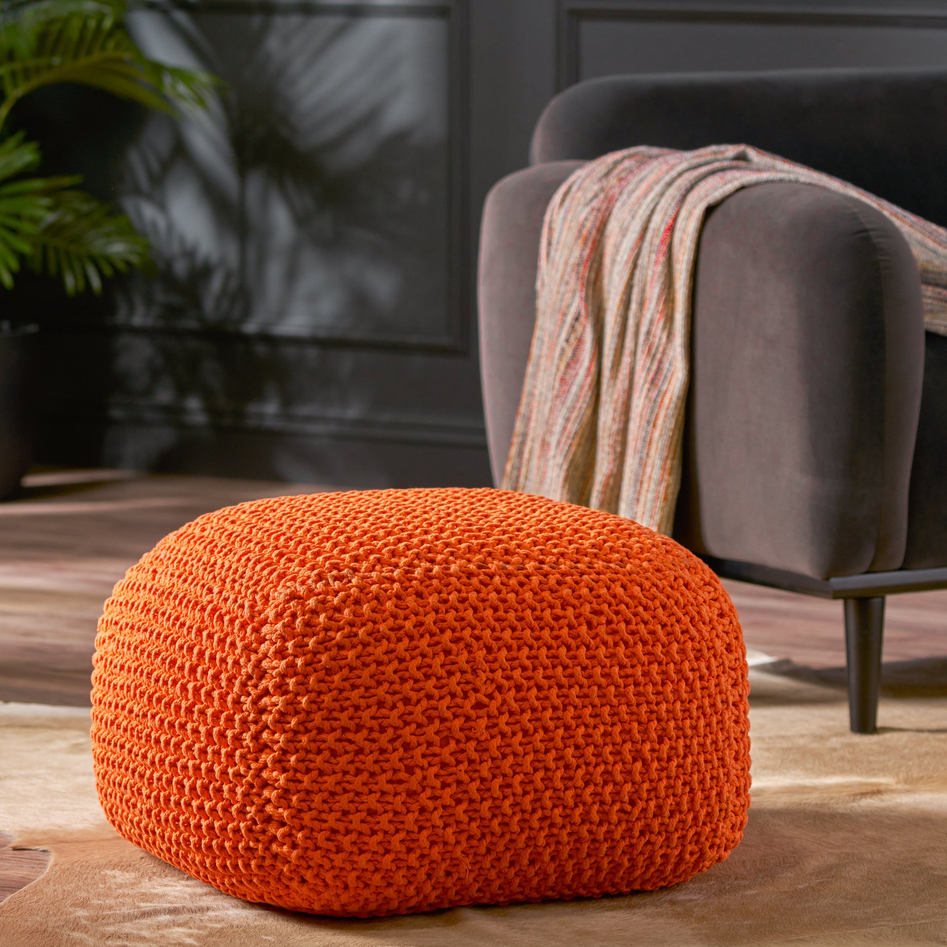 Hollis Knitted Cotton Pouf Cube 20 X 20 X 16 Pouf Orange Cotton