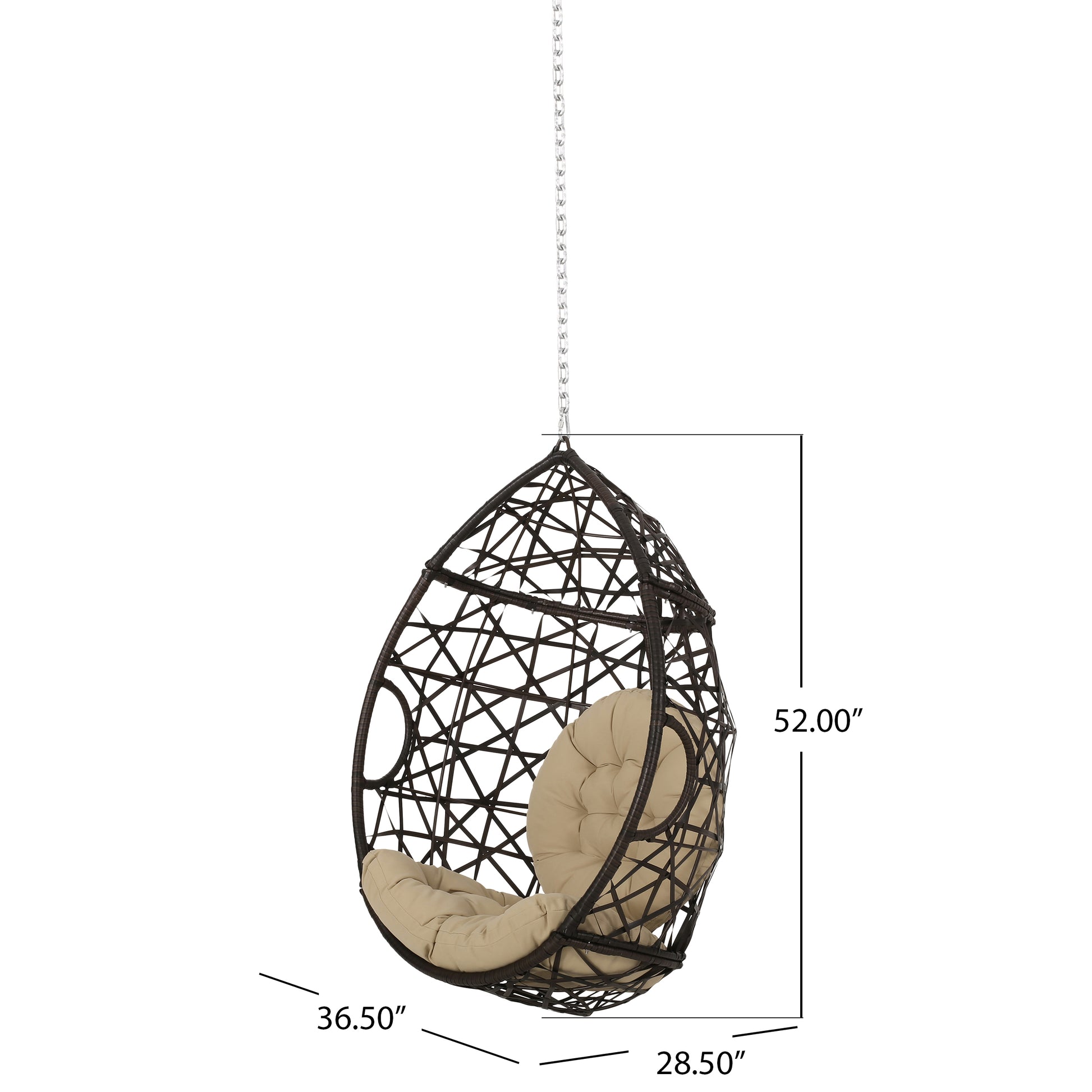 Los Alamitos Hanging Chair With 8Ft Chain Brown Pe Rattan Iron Waterproof Fabric
