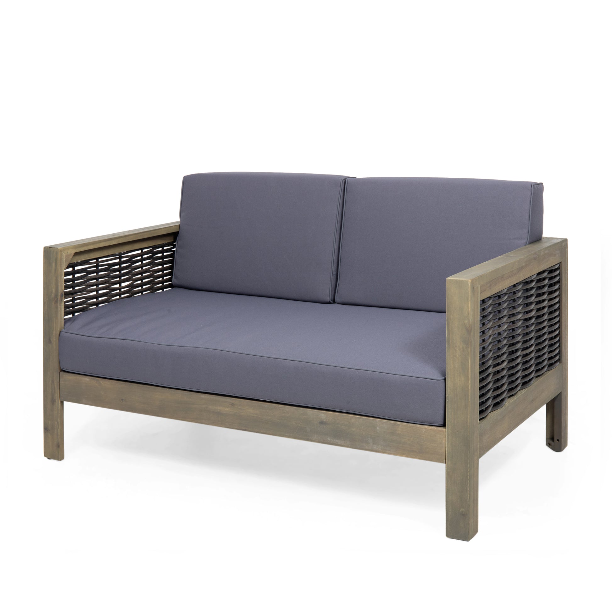 Outdoor Acacia Wood And Wicker Loveseat And Coffee Table Set With Cushions, Gray Mixed Gray Dark Gray Gray Acacia Wood