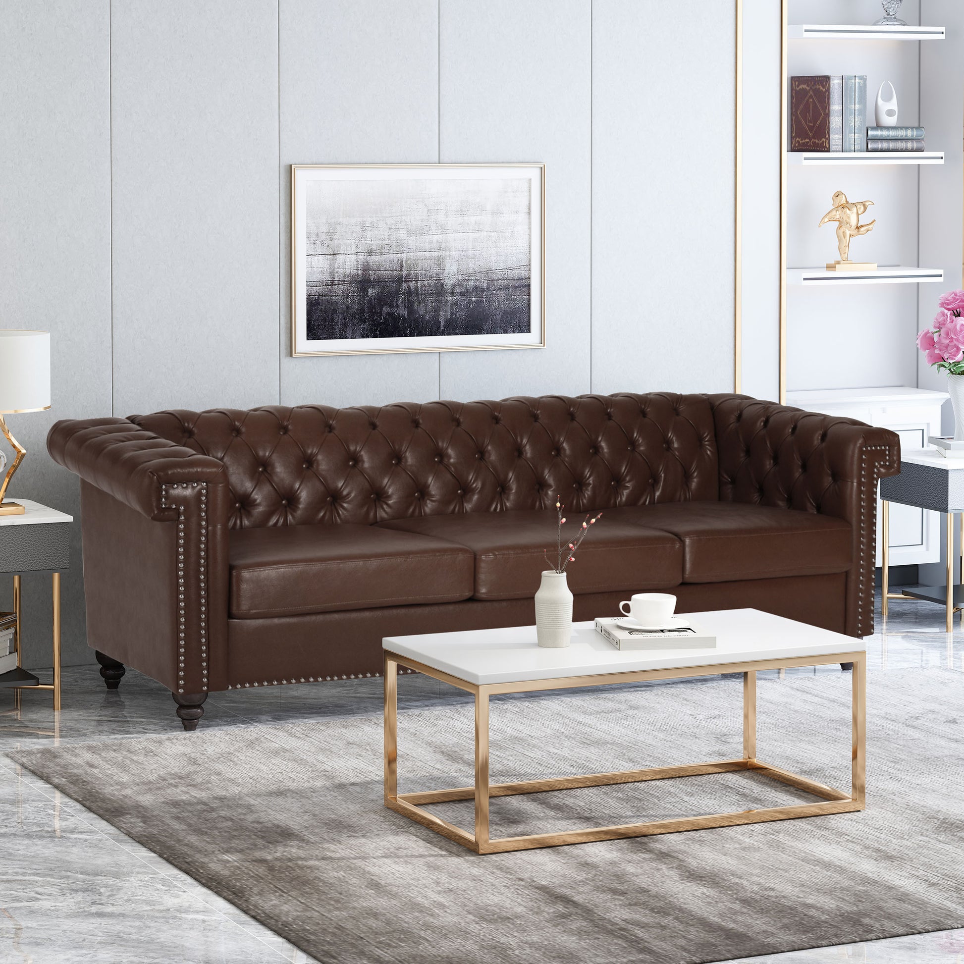 Sofa 3 Seater Dark Brown Pu 3 Seat