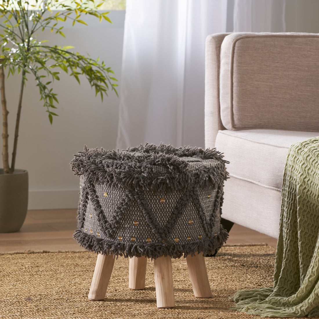 Roja Handcrafted Wool & Cotton 16 X 16 Foot Stool Dark Brown Wool