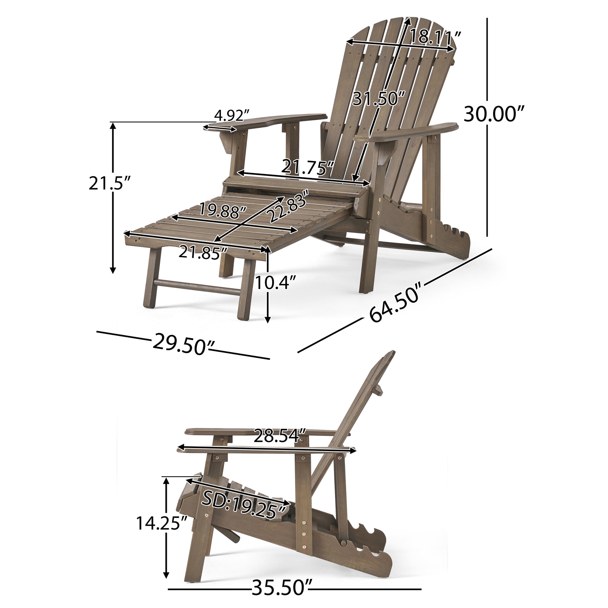 Malibu Reclining Adirondack Chair Grey Acacia Wood