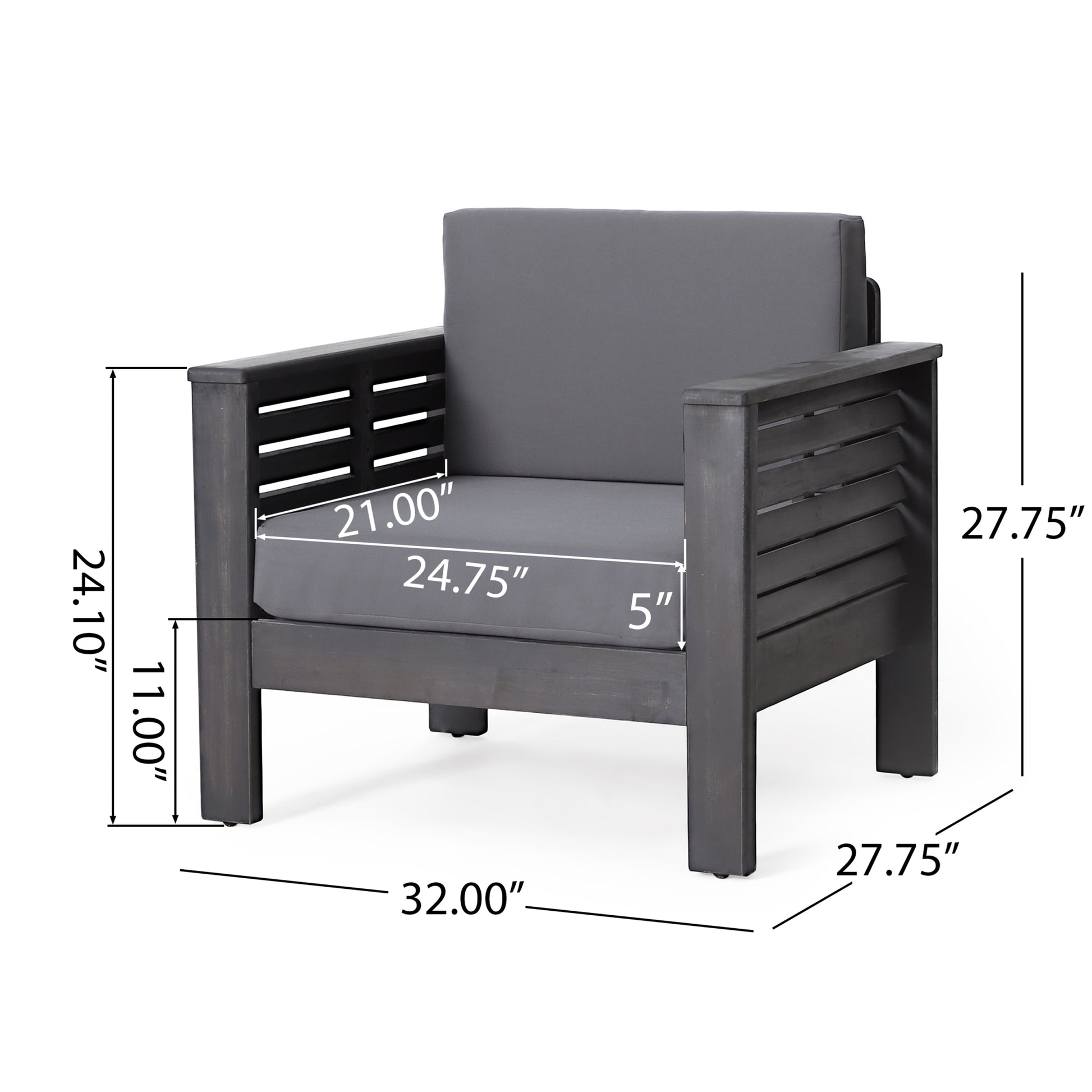 Set Of 2 Outdoor Acacia Wood Club Chairs With Cushions, Dark Gray, 27.75"D X 32"W X 27.75"H Yes Grey Foam Acacia Wood
