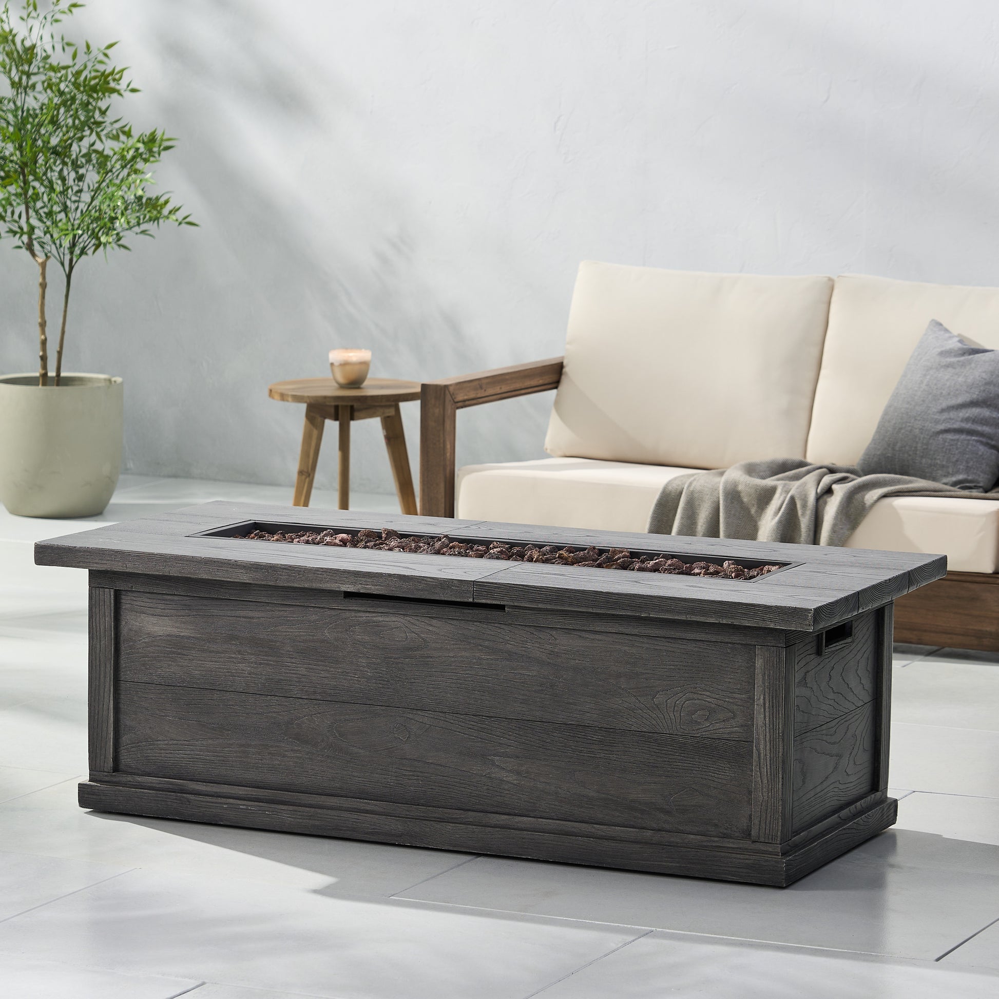 56" Outdoor 50,000 Btu Rectangular Mgo Concrete Propane Fire Pit, Grey Wood Pattern Tank Cover Not Included Gray Magnesium Oxide