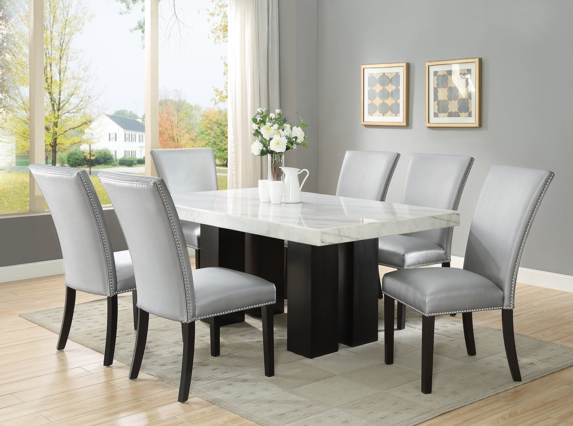 Camila Pu Dining Chair Set Of 2 Silver Silver White Faux Leather