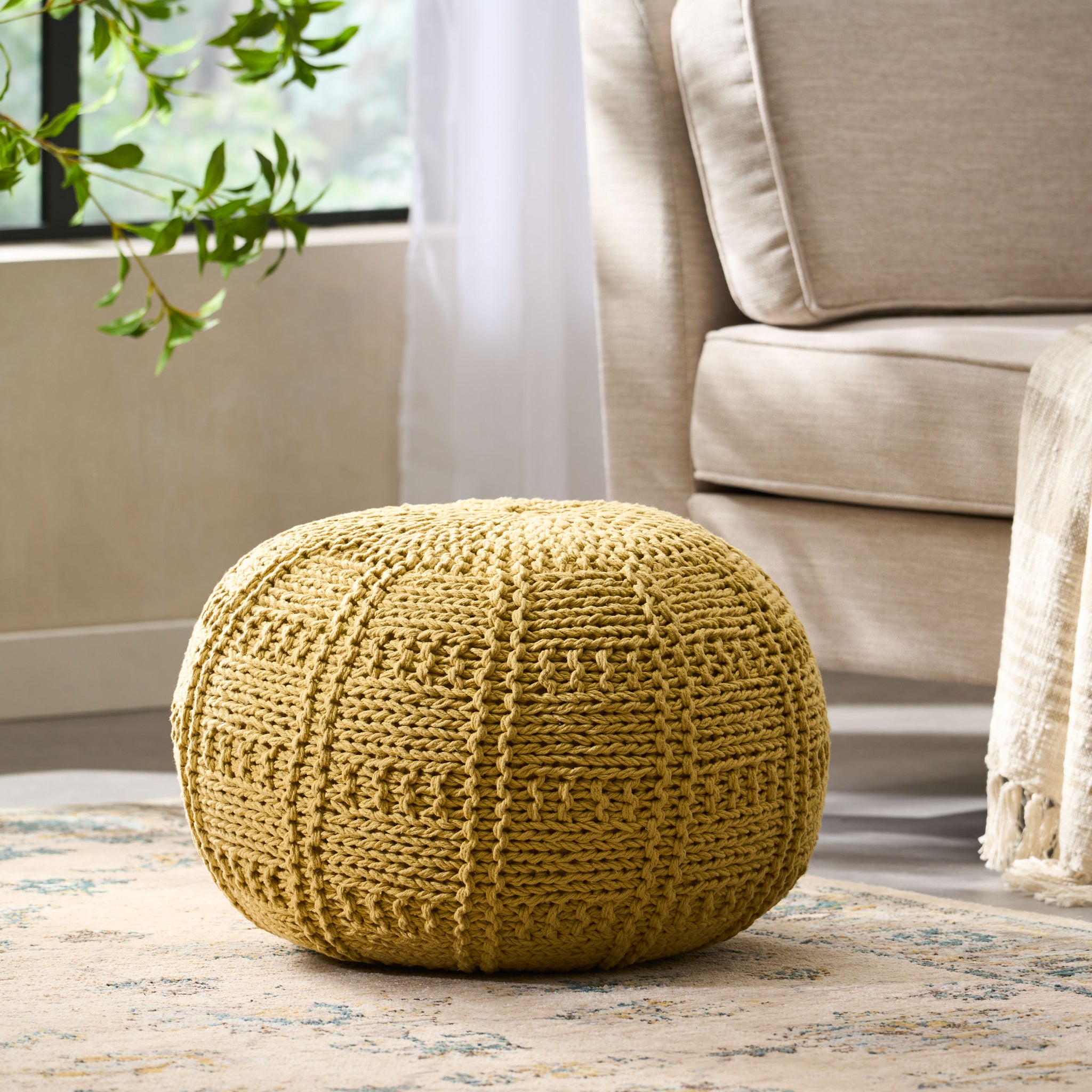 Yuny Knitted Cotton 20 X 20 Round Pouf Yellow Cotton