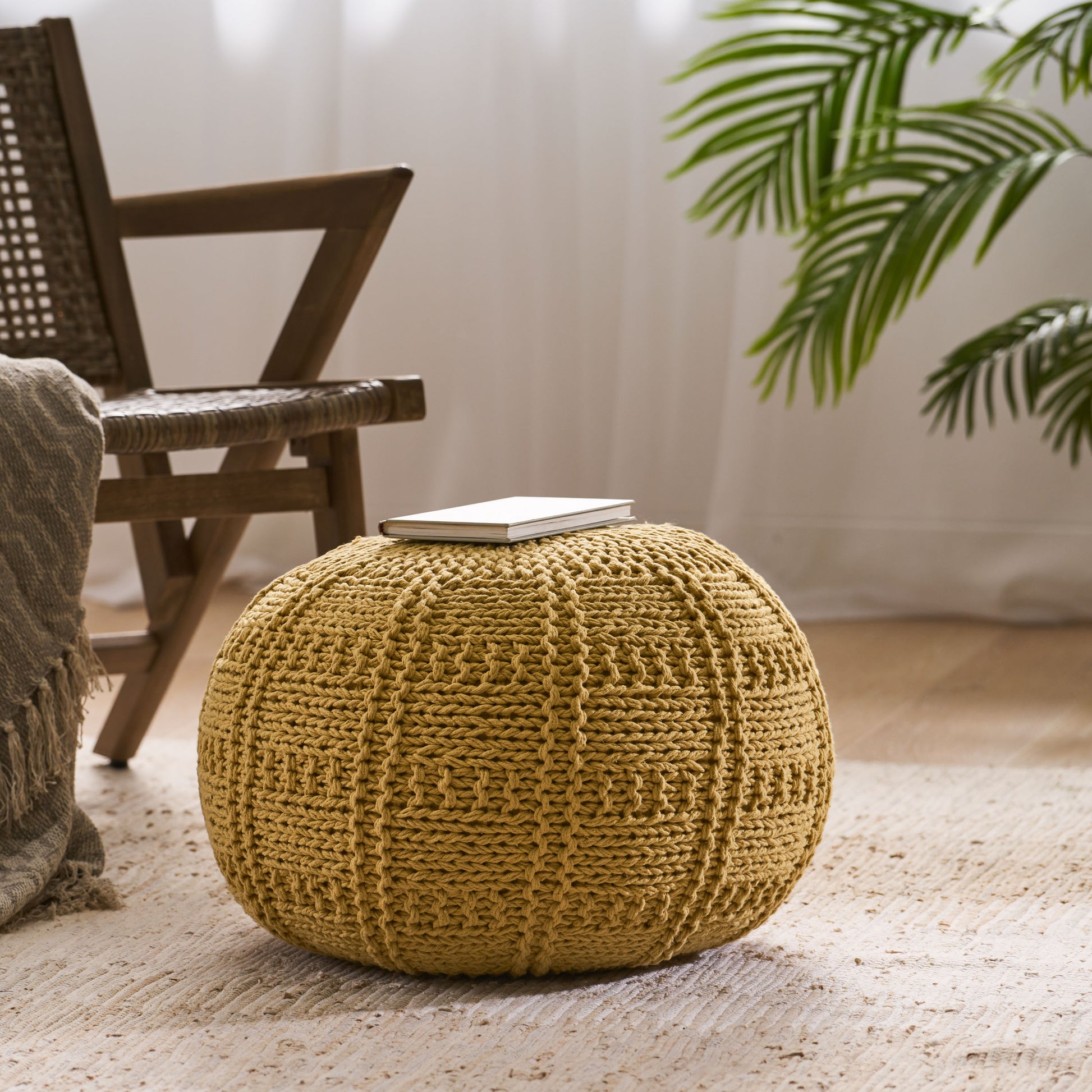 Yuny Knitted Cotton 20 X 20 Round Pouf Yellow Cotton
