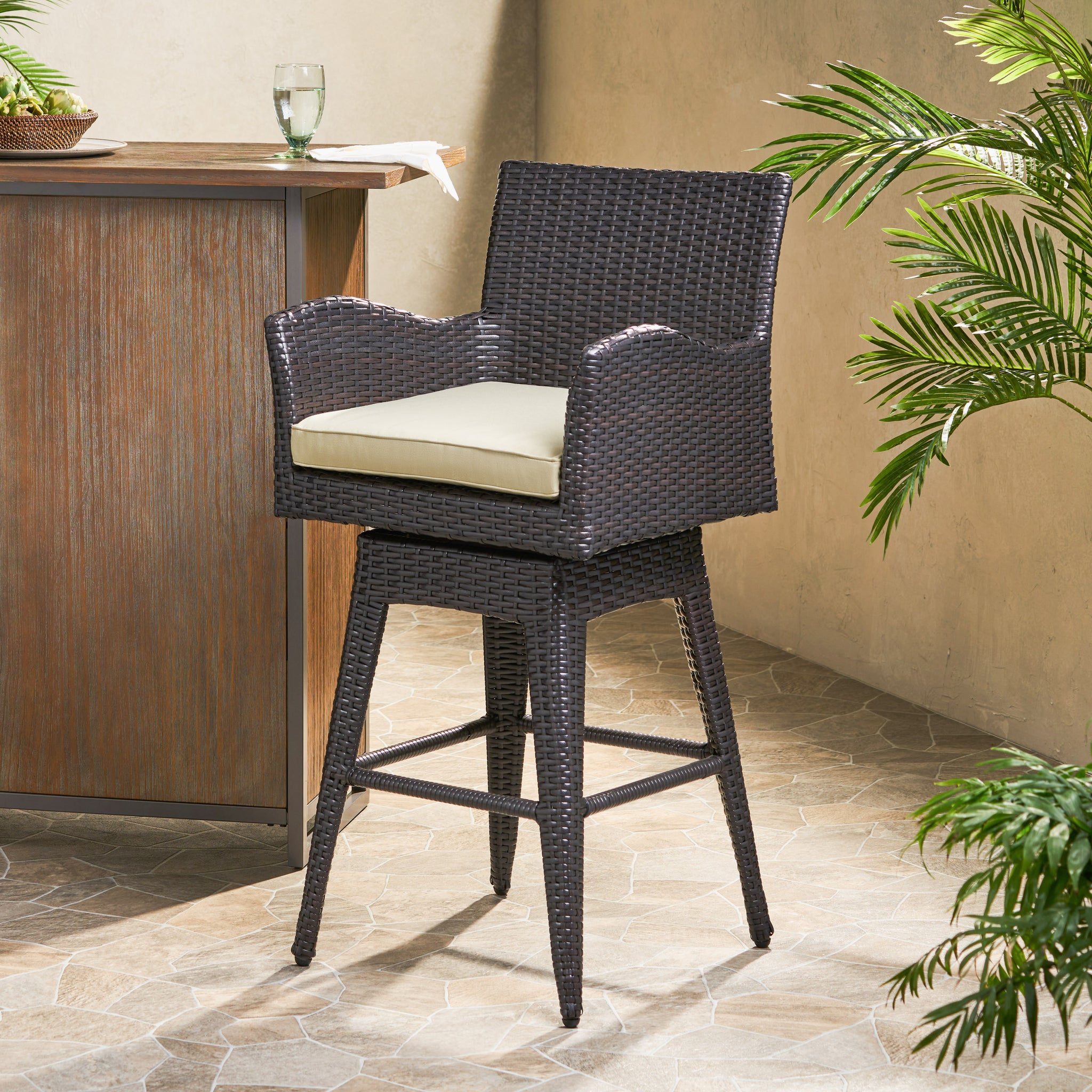 Pe Swivel Arm Bar Stool Brown Multi Rattan