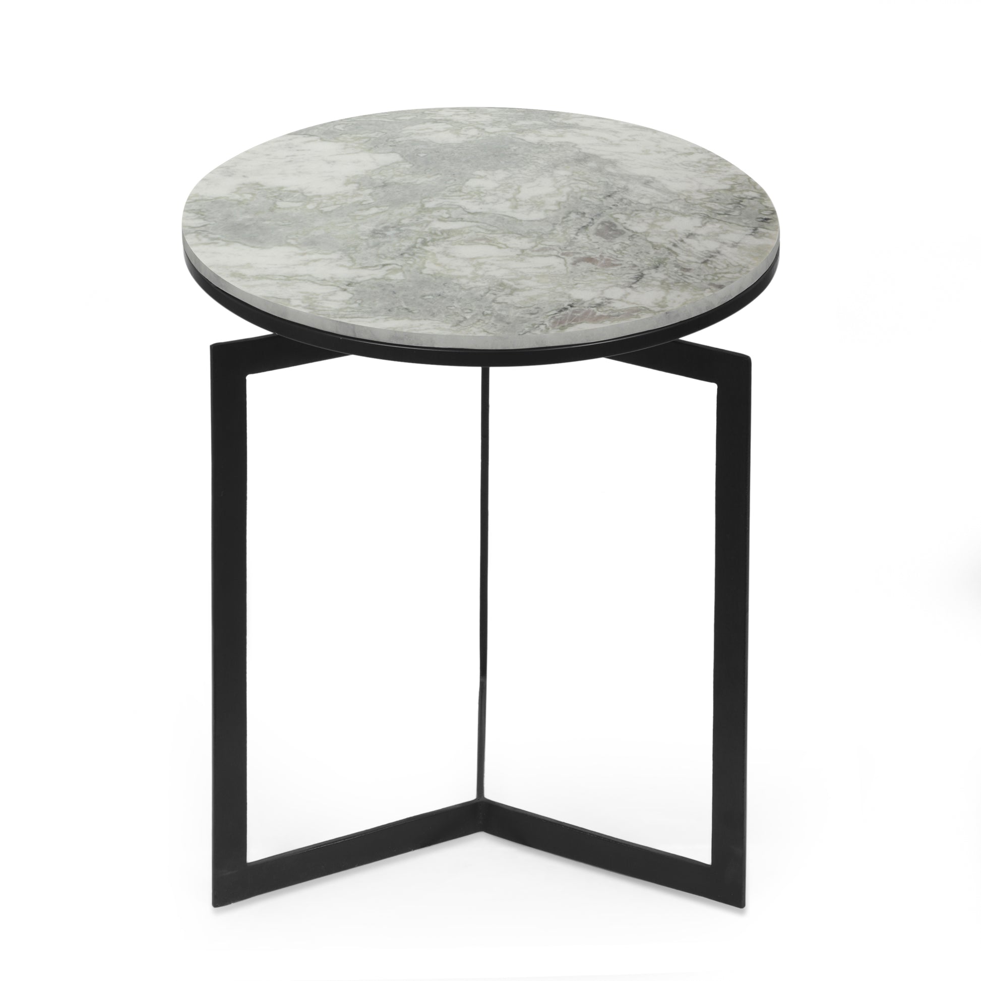 Round Accent Side Table Natural Black Marble Metal