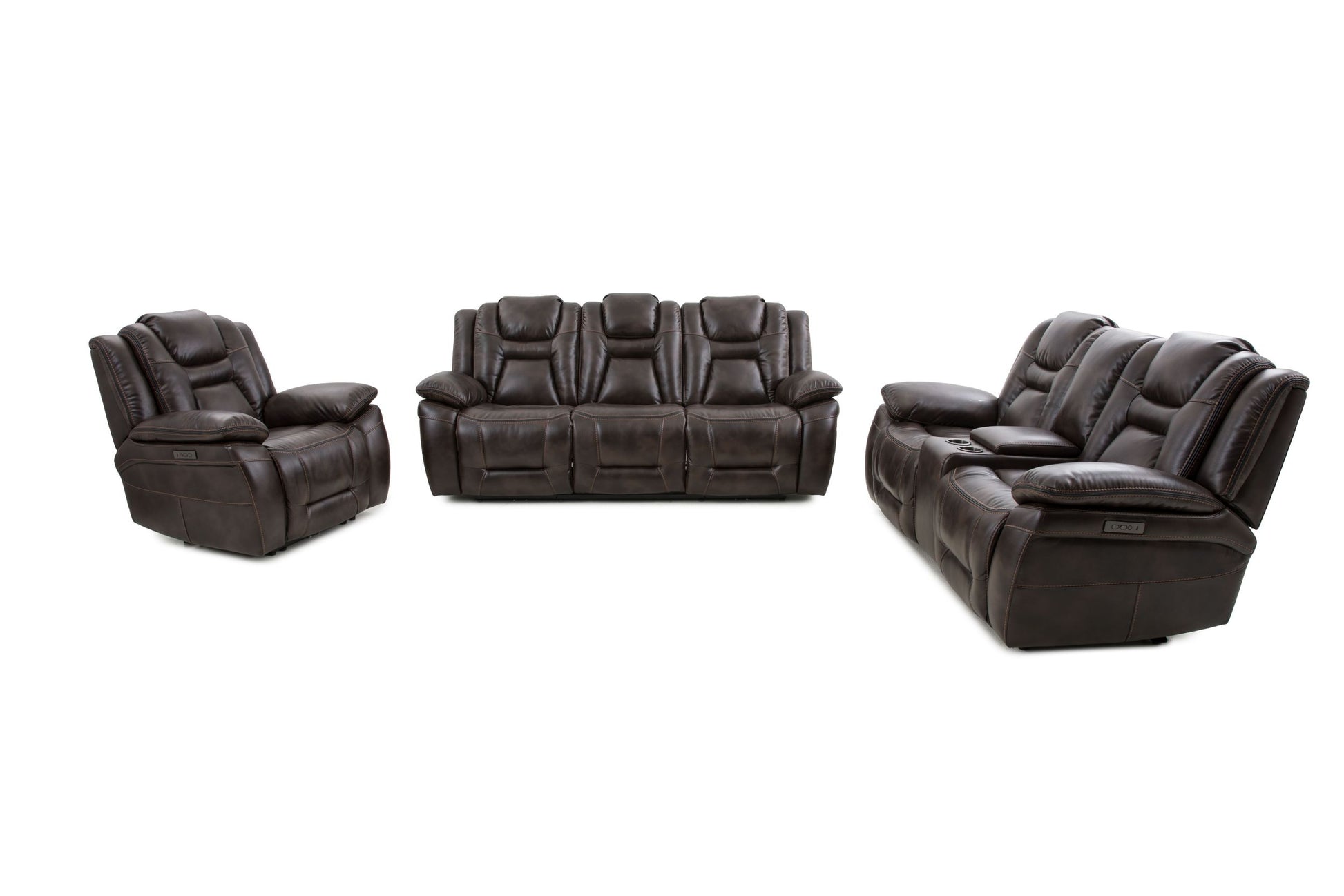 Oportuna 3 Piece Dual Power Reclining Living Room Set Sofa, Loveseat, Recliner Coffee Dark Brown Wood