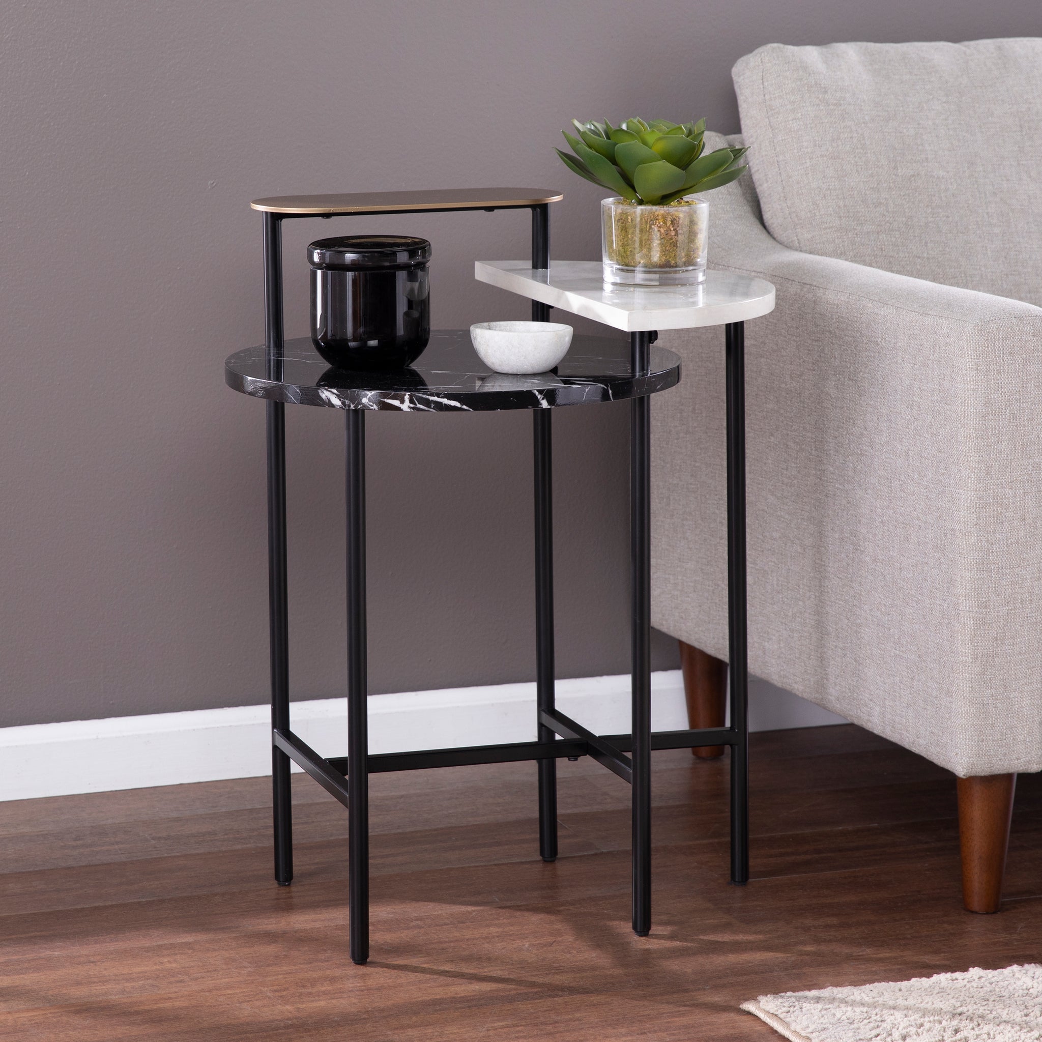 Arcklid Faux Marble End Table W Storage Black Iron