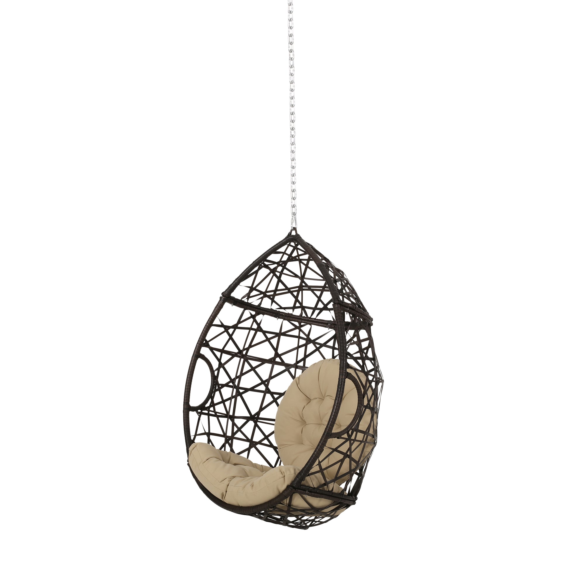 Los Alamitos Hanging Chair With 8Ft Chain Brown Pe Rattan Iron Waterproof Fabric